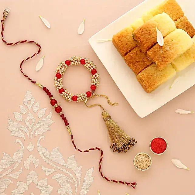 Fancy Red Rakhi Set & Milk Cakes