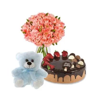 Pink Carnations With Choco Cake And Teddy