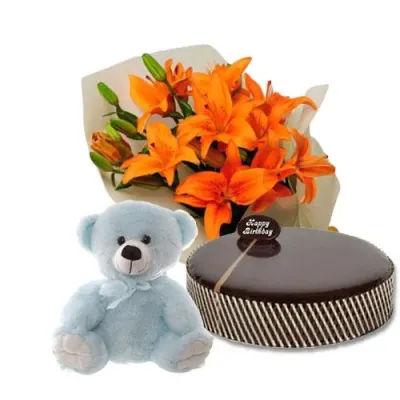 Mud Cake With Orange Lilies And Teddy