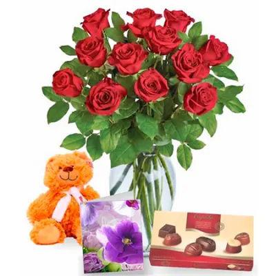 Dozen Roses Teddy Bear Chocolate