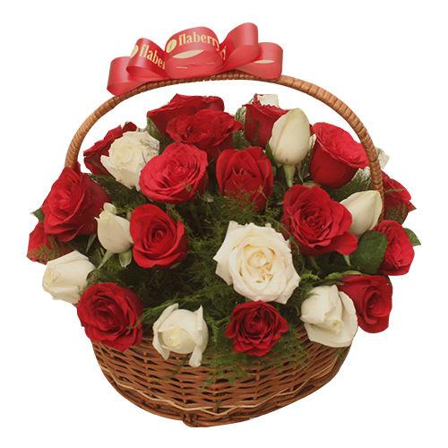 White and Red Roses Flower Basket