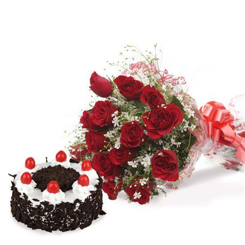 12 Red Roses & black forest Cake Combo