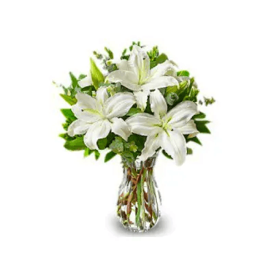 All White Lily Bouquet With Clear Vase