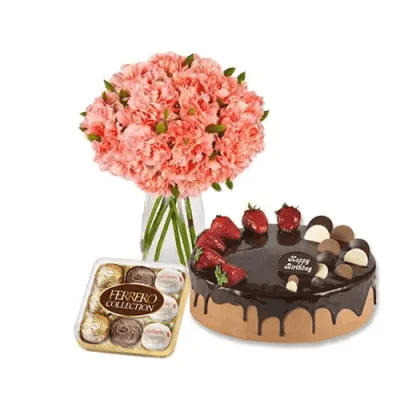Pink Carnations With Choco Cake And Ferrero Rocher