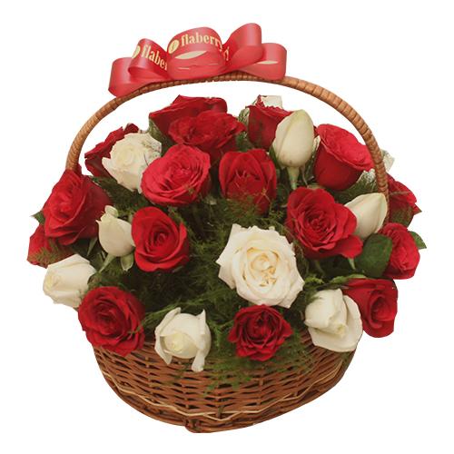 Basket Arrangement of 40 Red and White Roses