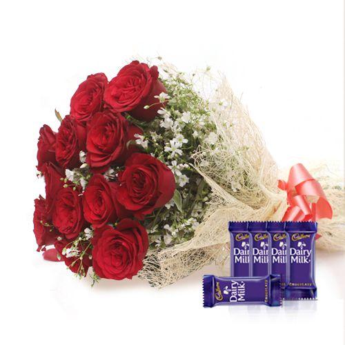 Dozen of Roses - In Jute Wrap with Dairy Milk Chocolates