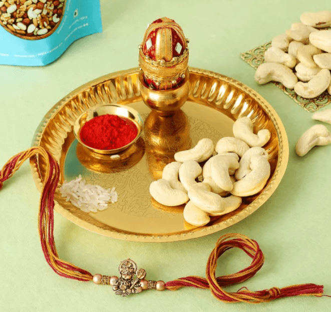 Hanuman Blessings Rakhi with Cashews and Pooja Thali