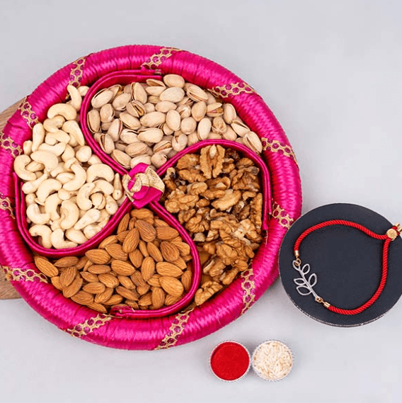Opulent Feather Rakhi and Healthy Snacks Tray