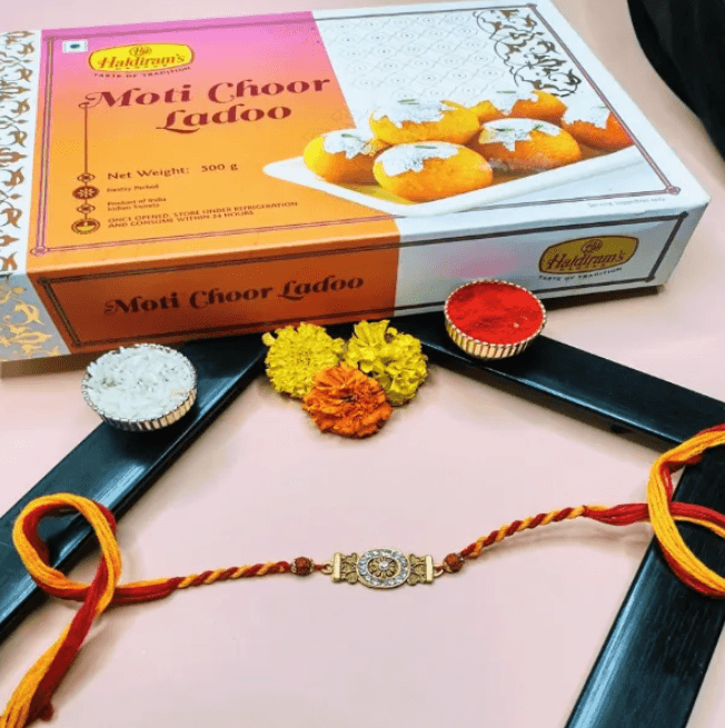 Sparkling American Diamond Rakhi with Motichoor Sweets