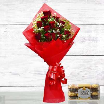Majestic Roses Flower & Ferrero Rochers Collection Combo