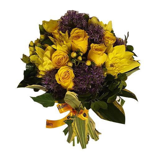 Yellow Roses with Exotic Blue Flower