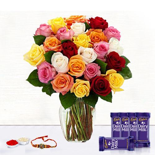 Rainbow Roses -  Rakhi & Dairy Milk