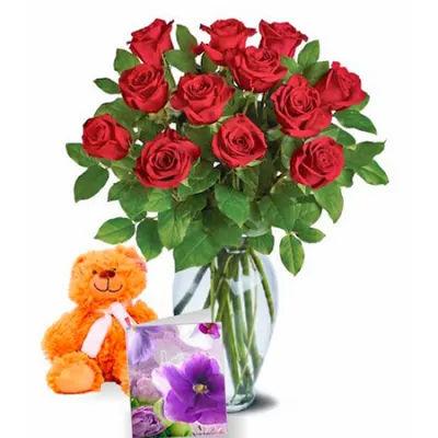 Dozen Roses N Teddy Bear