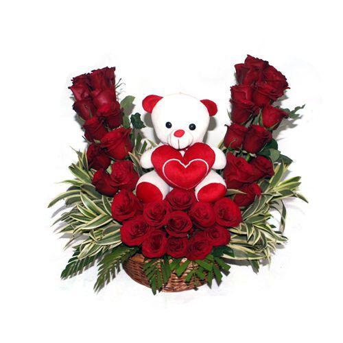 50 Red Roses V shaped Basket arrangement with 6 Inches Teddy Bear Combo