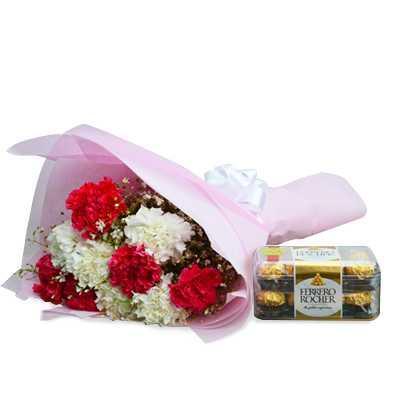 Red and White Carnation with Ferrero rocher Combo