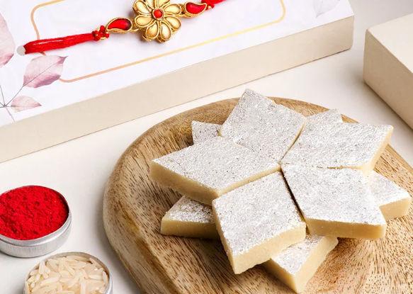 Sparkling Red Stone Rakhi with Flavorful Kaju Katli