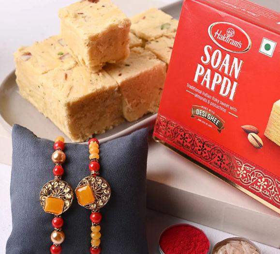 Auspicious Rakhi for Bhaiya Bhabhi With Rich Soan Papdi