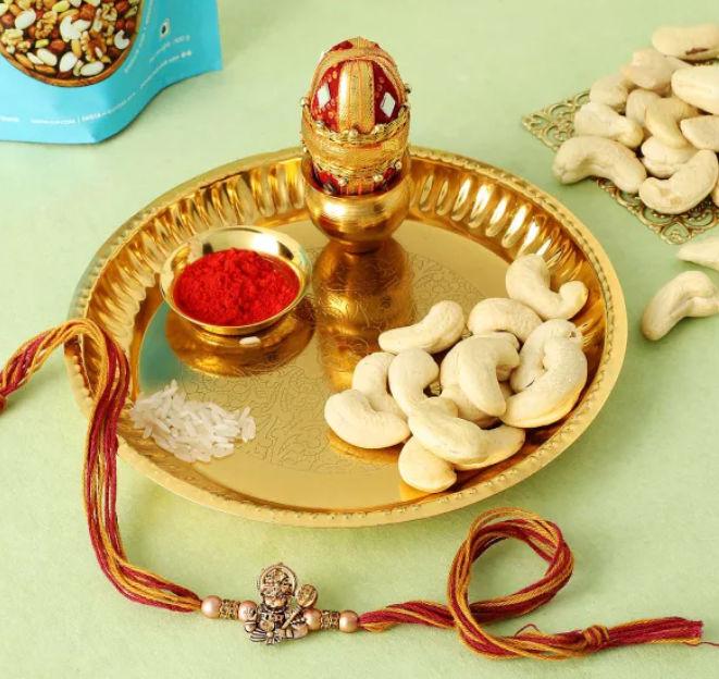 Hanuman Blessings Rakhi with Cashews and Pooja Thali