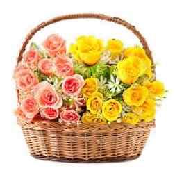 Yellow and Peach Roses Flower Basket