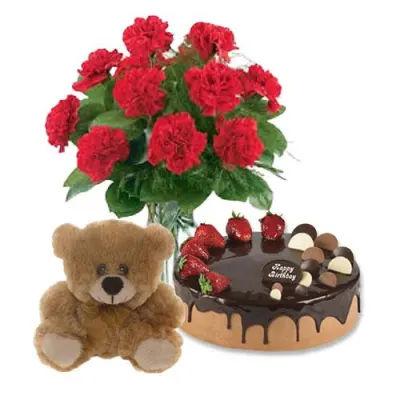 Red Carnations With Choco Cake And Teddy