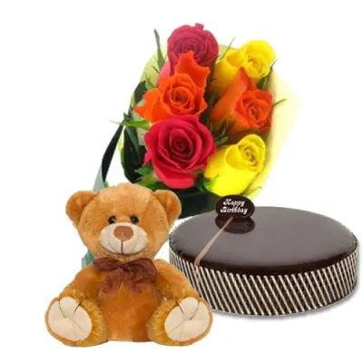 Mud Cake With Mix Roses And Teddy