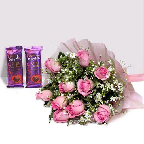 10 Pink Roses and Silk Combo