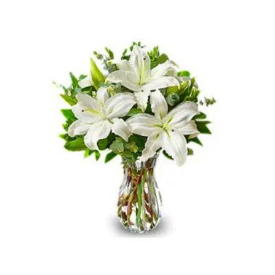 All White Lily Bouquet With Clear Vase