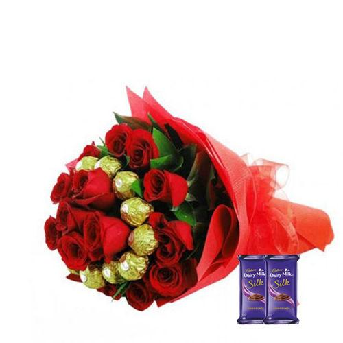 Vivid Roses and Chocolate Bouquet - Silk Combo