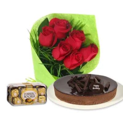 Red Roses With Cake And Ferrero Rocher