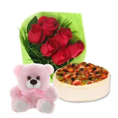 Fruit Cake With Mix Color Carnations And Teddy