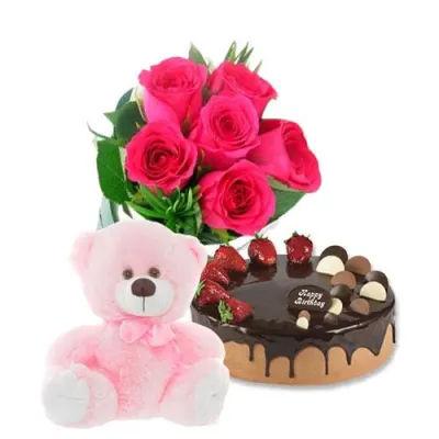 Choco Cake With Pink Roses And Teddy