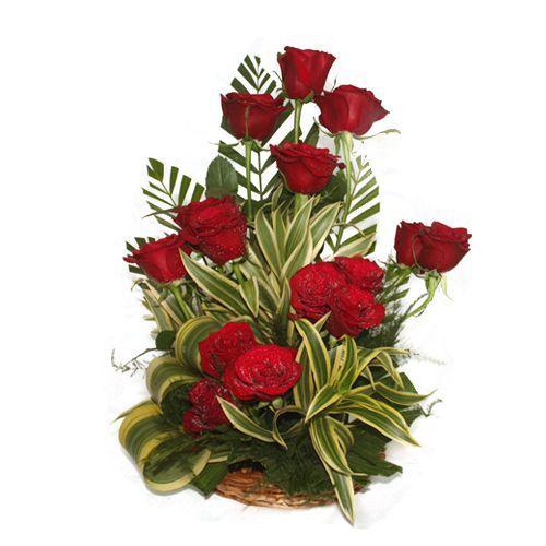 15 Red Roses Flower In Basket Arrangement
