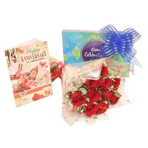 A celebration Combo Of Roses, Card and Chocolates Combo