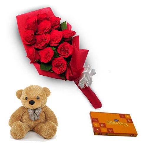 Elegant Red Rose with Teddy and Celebrations Combo