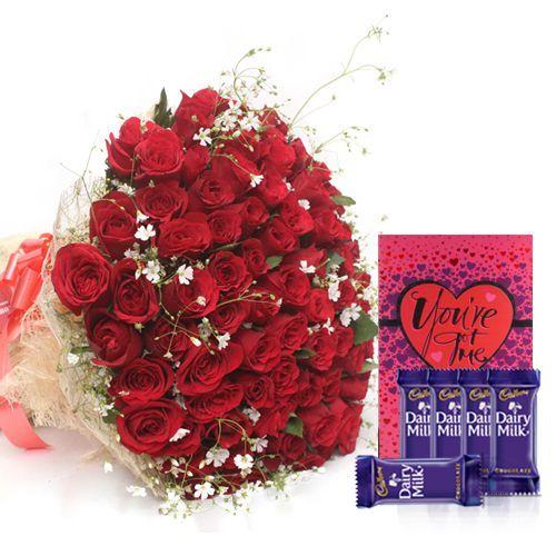 50 Shades Of Red with Dairy Milk Chocolates and A Greeting Card Combo