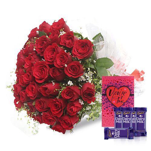 A Classic Rose Collection with Dairy Milk Chocolates and A Greeting Card