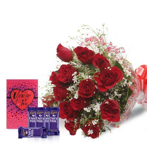 Dozen of Roses Flower with Dairy Milk Chocolates and A Greeting Card