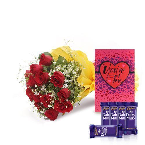 Lovely Roses Bunch with Dairy Milk Chocolates and A Greeting Card Combo