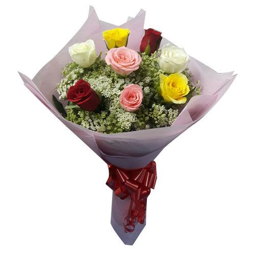 8 Colorful Roses Flower in Tissue wrap