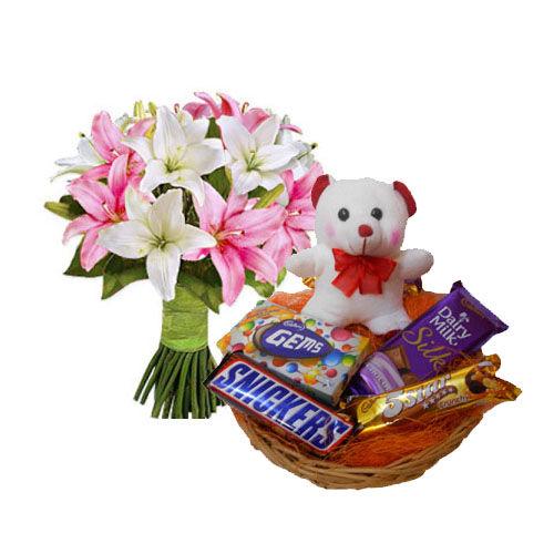 Collection Of Lilies Flower & Assorted Chocolates Combo