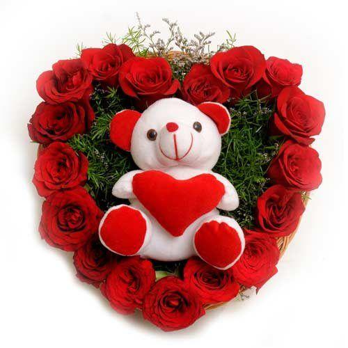 Heartening Teddy Heart Shape Flower Arrangement Combo