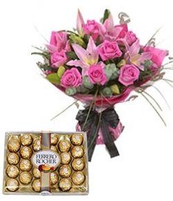 Roses, Lilies Flower & Ferrero Rochers Combo