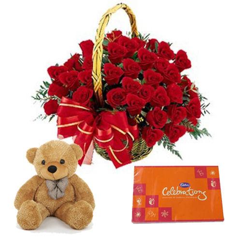 Red Rose Basket with Teddy and Celebrations Combo