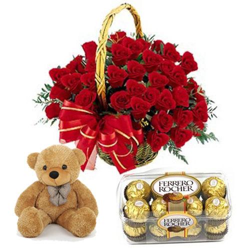 Red Rose Basket with Teddy and Ferrero Rochers Combo