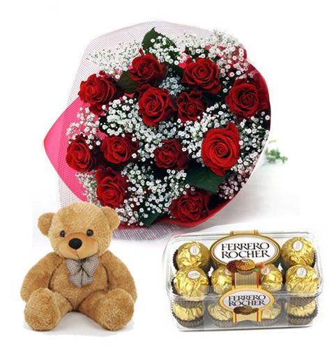 Rose Bouquet and Teddy with Ferrero Rocher Combo