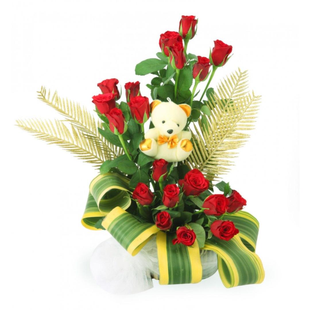 Teddy and 24 Roses Basket Combo