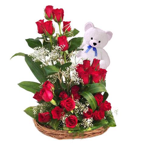 Teddy With Rose Flower Basket Combo